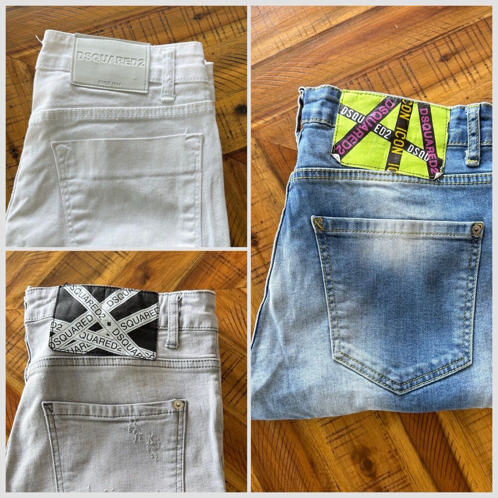 DSQUARED2 Designer Denim Bundle 3-Pair Lot Skinny Distressed Jeans Blue Grey Wht